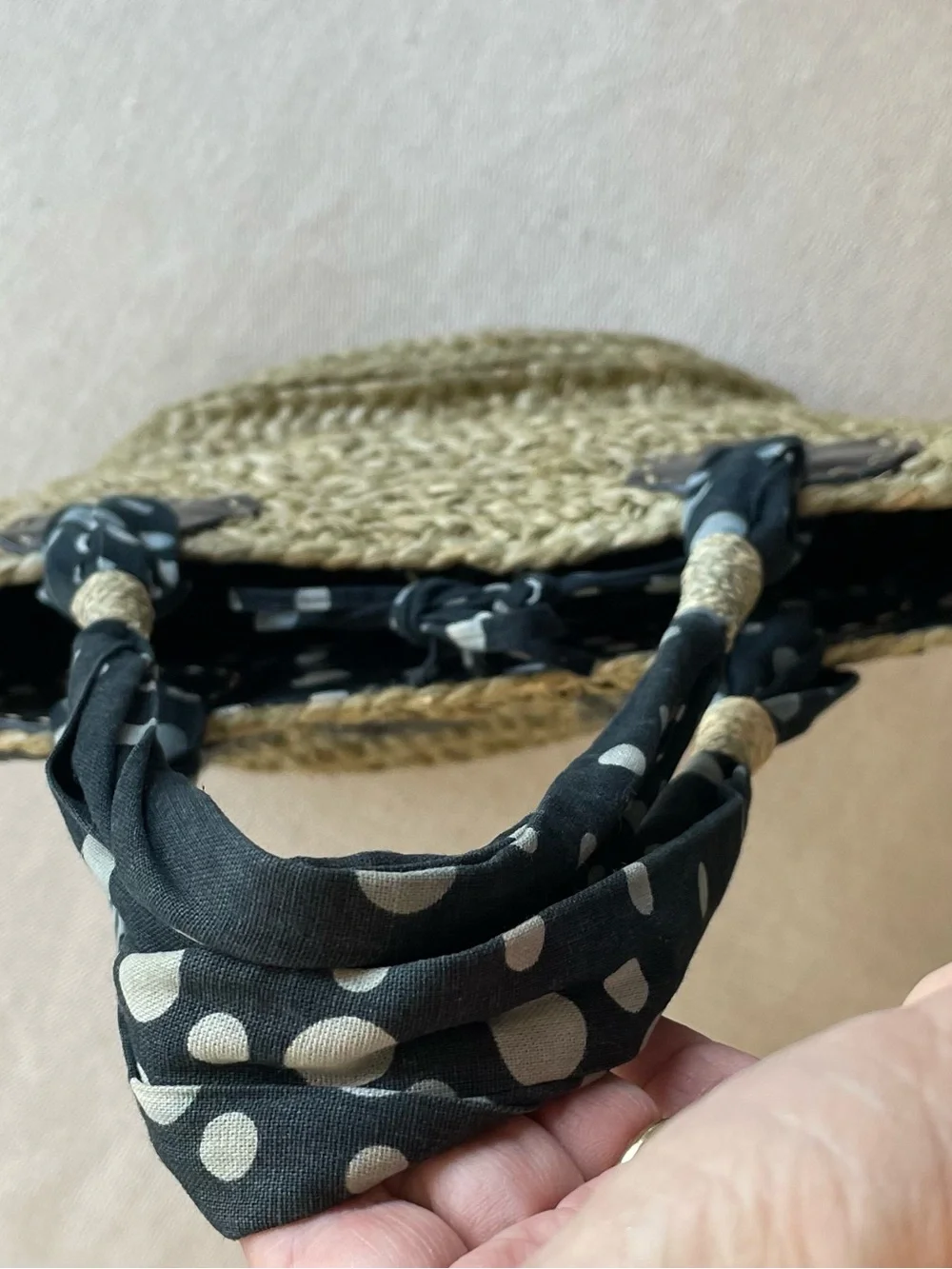 Sans-Arcidet Paris Straw Rafia Tote Bag Floral Appliqué Polka Dot Fabric Handles